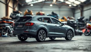 Autoverschrottung: Sicht auf ein Fahrzeug, das für die Schrottverwertung vorbereitet ist, umgeben von Schrottmaterial.