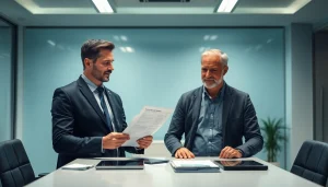 Diskussion zwischen einem Headhunter Pflegekräfte und einem Kandidaten in einem hellen Büro.