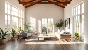 Moderne Raumgestaltung in einem offenen Wohnraum mit viel natürlichem Licht und minimalistischen Möbeln.