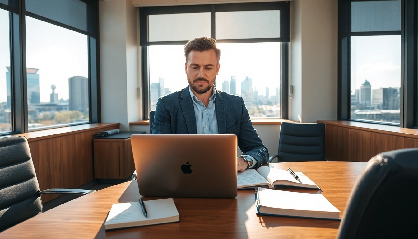 Headhunter Düsseldorf analysiert Bewerbungsunterlagen in modernem Büro.