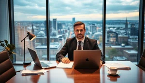 Headhunter Wuppertal im modernen Büro, begleitet von Personalunterlagen und Wuppertal-Stadtansicht.