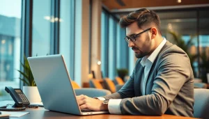 Headhunter arbeitet konzentriert an einem modernen Büro-Laptop.