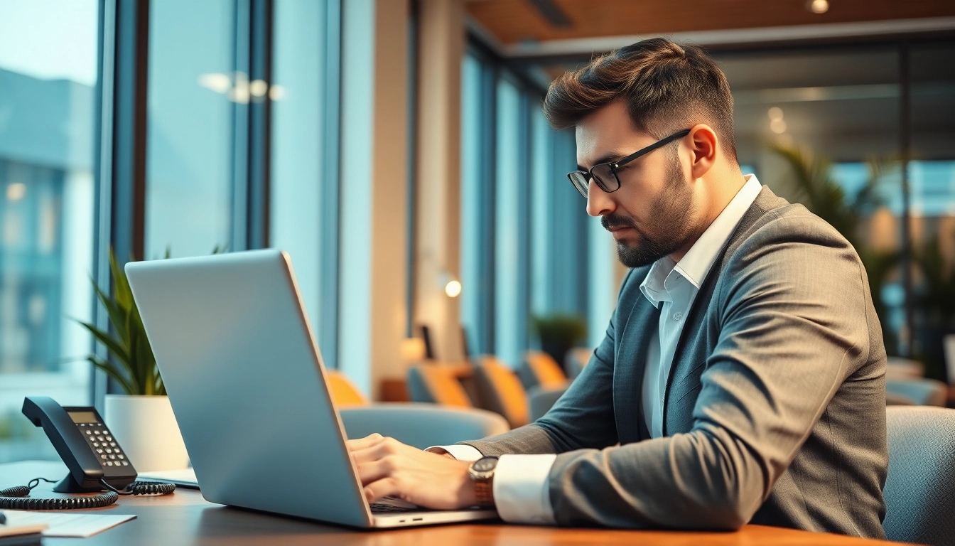 Headhunter arbeitet konzentriert an einem modernen Büro-Laptop.