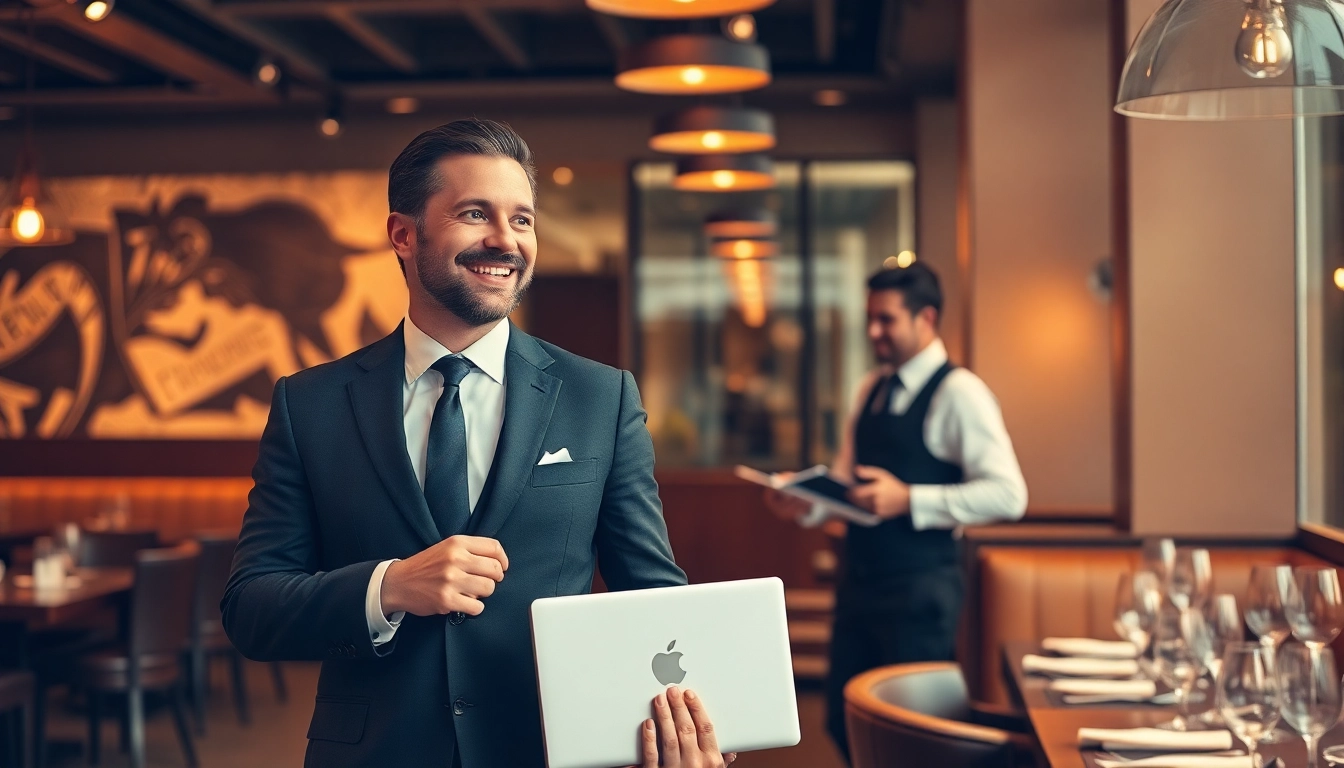 Headhunter Gastronomie berät im modernen Restaurant, Laptop in der Hand, freundlich im Gespräch.