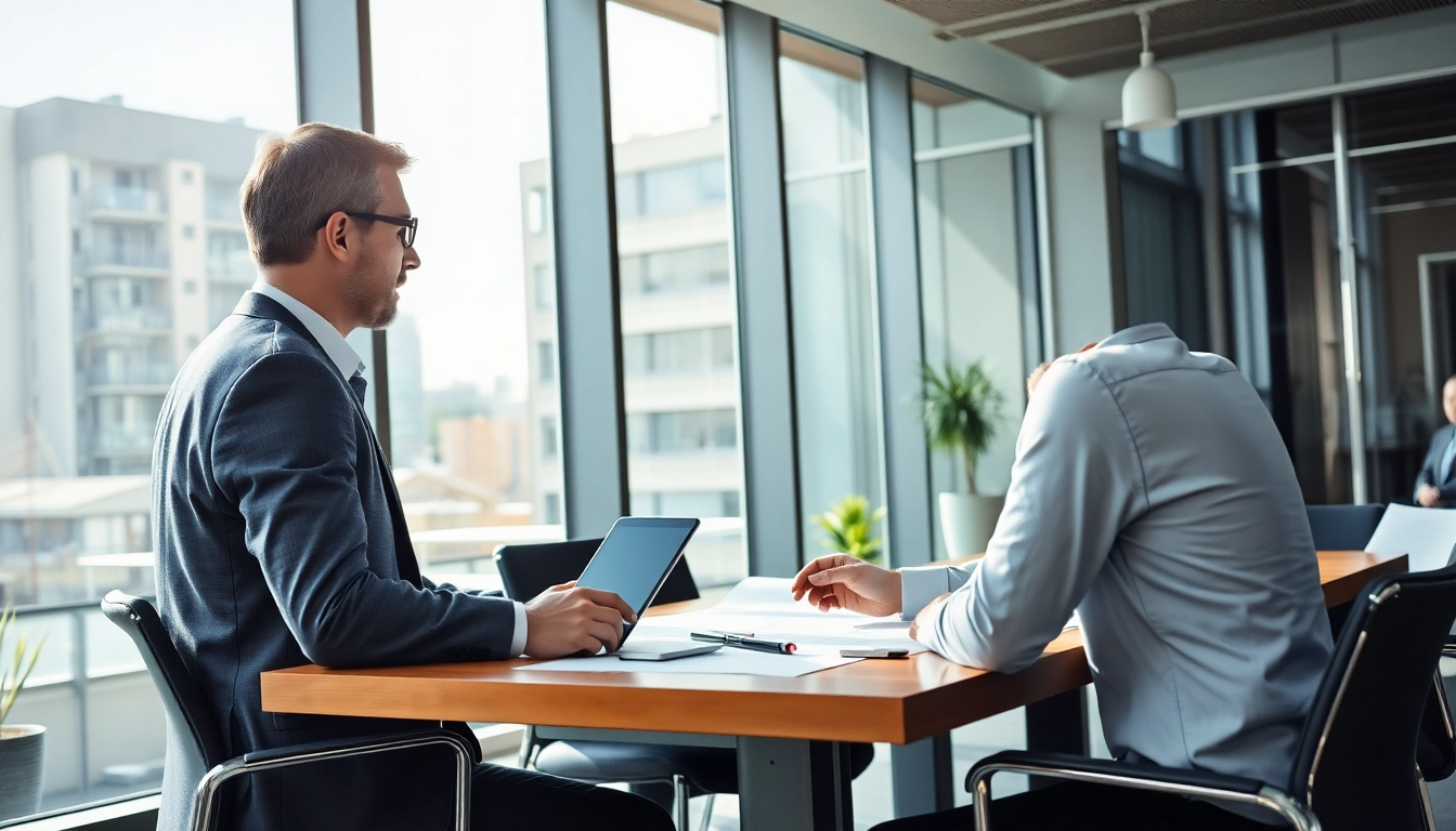 Headhunter Baubranche berät kompetent einen Kunden in einem modernen Büro.