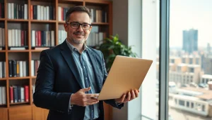 Headhunter führt ein professionelles Gespräch im modernen Büro, Lebenslauf auf dem Laptop.