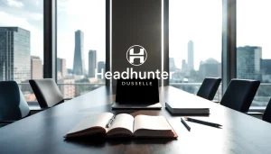 Optimales Büro für Headhunter Düsseldorf mit elegantem Arbeitsplatz und Skyline-Blick.