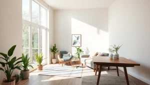 Entdecken Sie kreative Raumgestaltung mit einem einladenden, modern gestalteten Wohnzimmer voller Licht und Pflanzen.