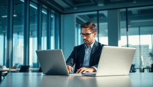 Headhunter bei der Arbeit in einem modernen Büro, fokussiert am Laptop.