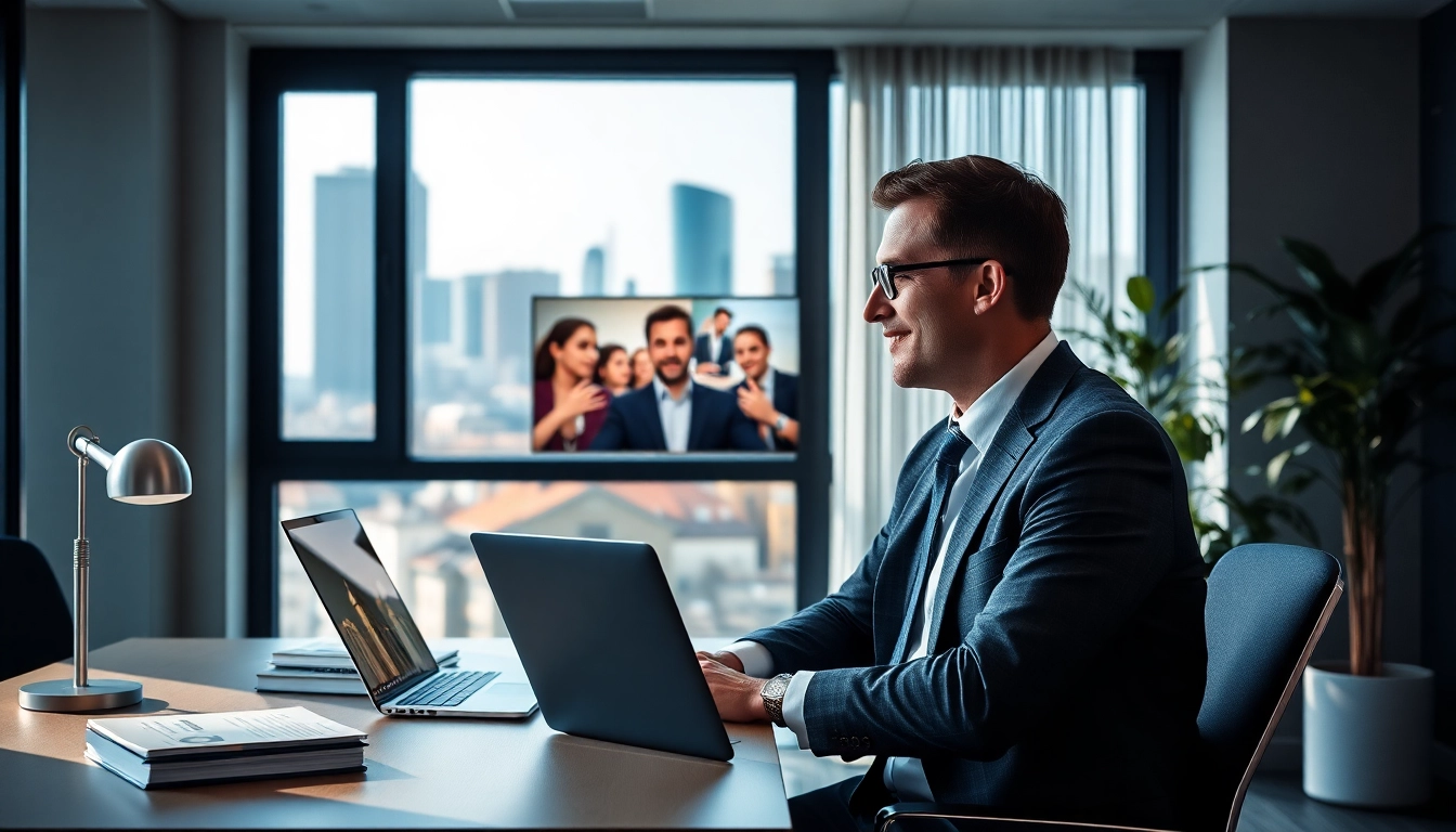 Professioneller Headhunter München führt ein Video-Gespräch in einem stilvollen Büro.