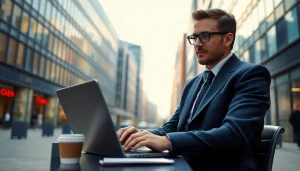 Headhunter Rostock engaging with a resume outdoors in a professional urban setting.