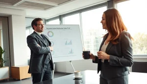 Headhunter Sales Besprechung zwischen einem Headhunter und einem Sales-Profi in einem modernen Büro mit Diagramm auf dem Flipchart.