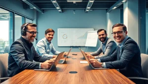 Headhunter Sales: modernes Verkaufsteam analysiert strategisch Verkaufsdaten in einem hellen Büro.