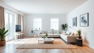 Die Raumgestaltung eines modernen, hellen Wohnzimmers mit minimalistischen Möbeln und einem einladenden Ambiente.