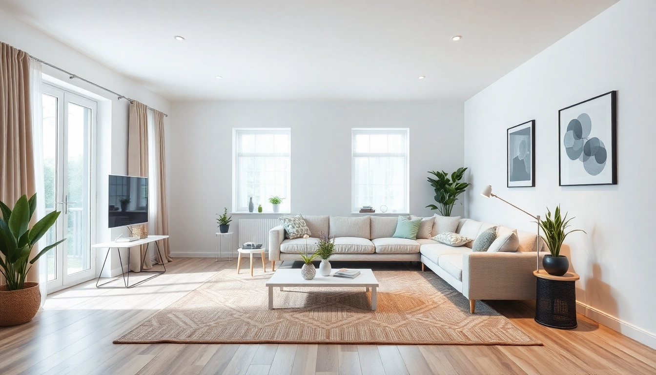 Die Raumgestaltung eines modernen, hellen Wohnzimmers mit minimalistischen Möbeln und einem einladenden Ambiente.