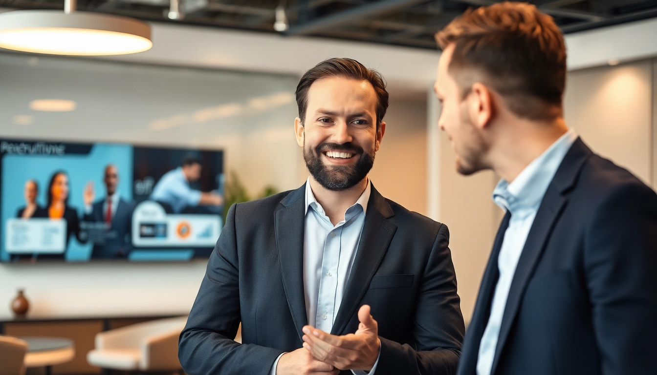 Headhunter Düsseldorf führt ein Gespräch mit einem Bewerber in modernem Büro.