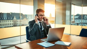 Headhunter Trier bei der Arbeit im modernen Büro, das Engagement und Professionalität ausstrahlt.