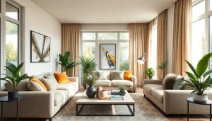 Stylish Raumgestaltung in a cozy living room featuring a modern sofa and vibrant plants.