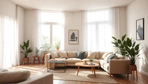 Eine stilvolle Wohnzimmerszene mit moderner Raumgestaltung und harmonischer Farbpalette.