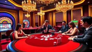 Excited players at a 368BET casino table, engaging in high-stakes poker and roulette.
