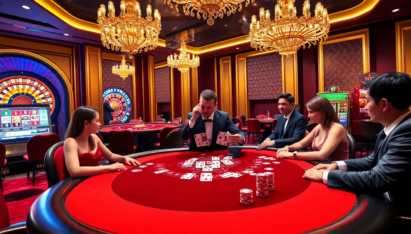 Excited players at a 368BET casino table, engaging in high-stakes poker and roulette.