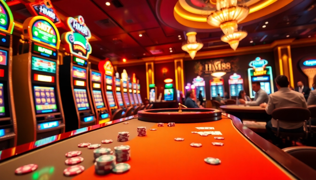 HM88 players enjoying dynamic slot machines and thrilling poker games in a luxurious casino setting.
