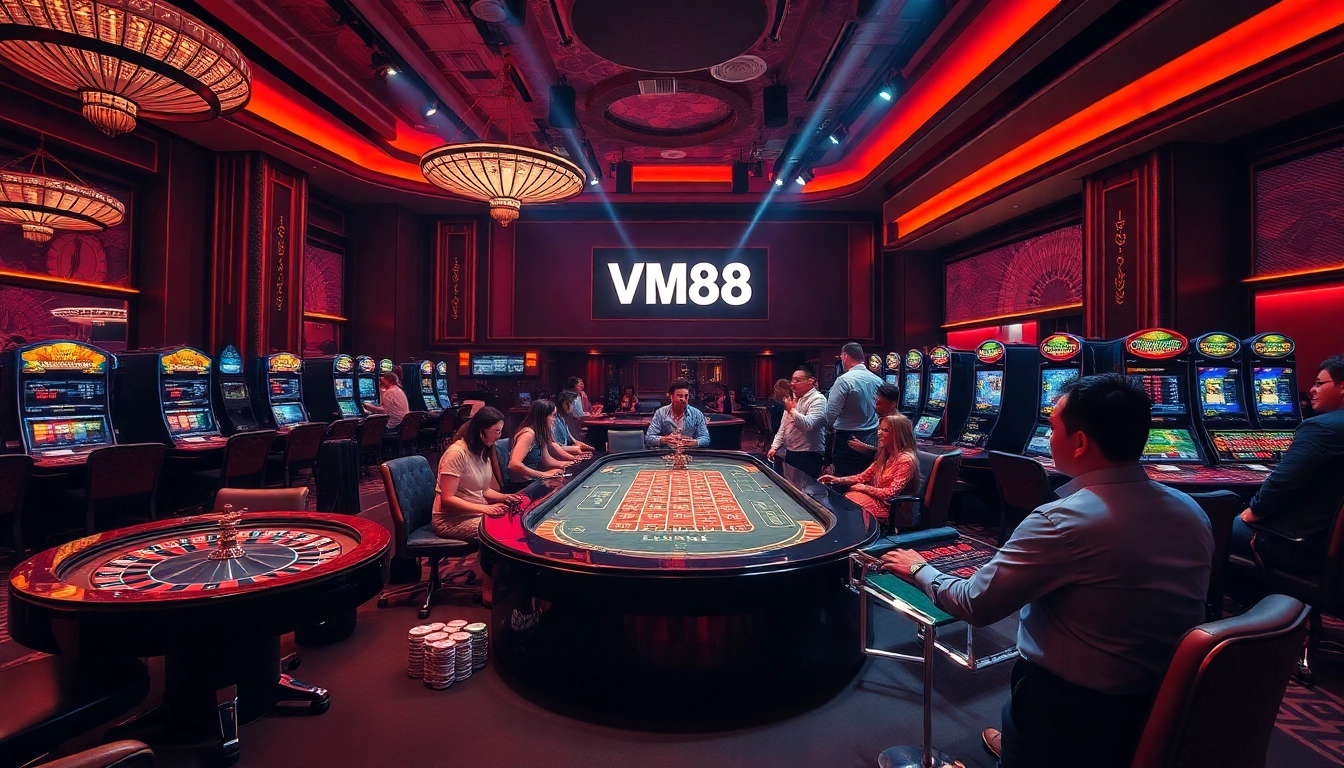 VM88 players engaging in thrilling casino games under vibrant lights