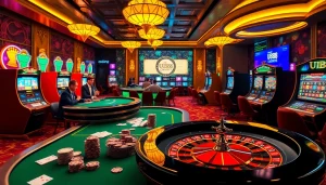 UU88 players engaging at a dynamic casino scene filled with poker chips, cards, and lively online interfaces.