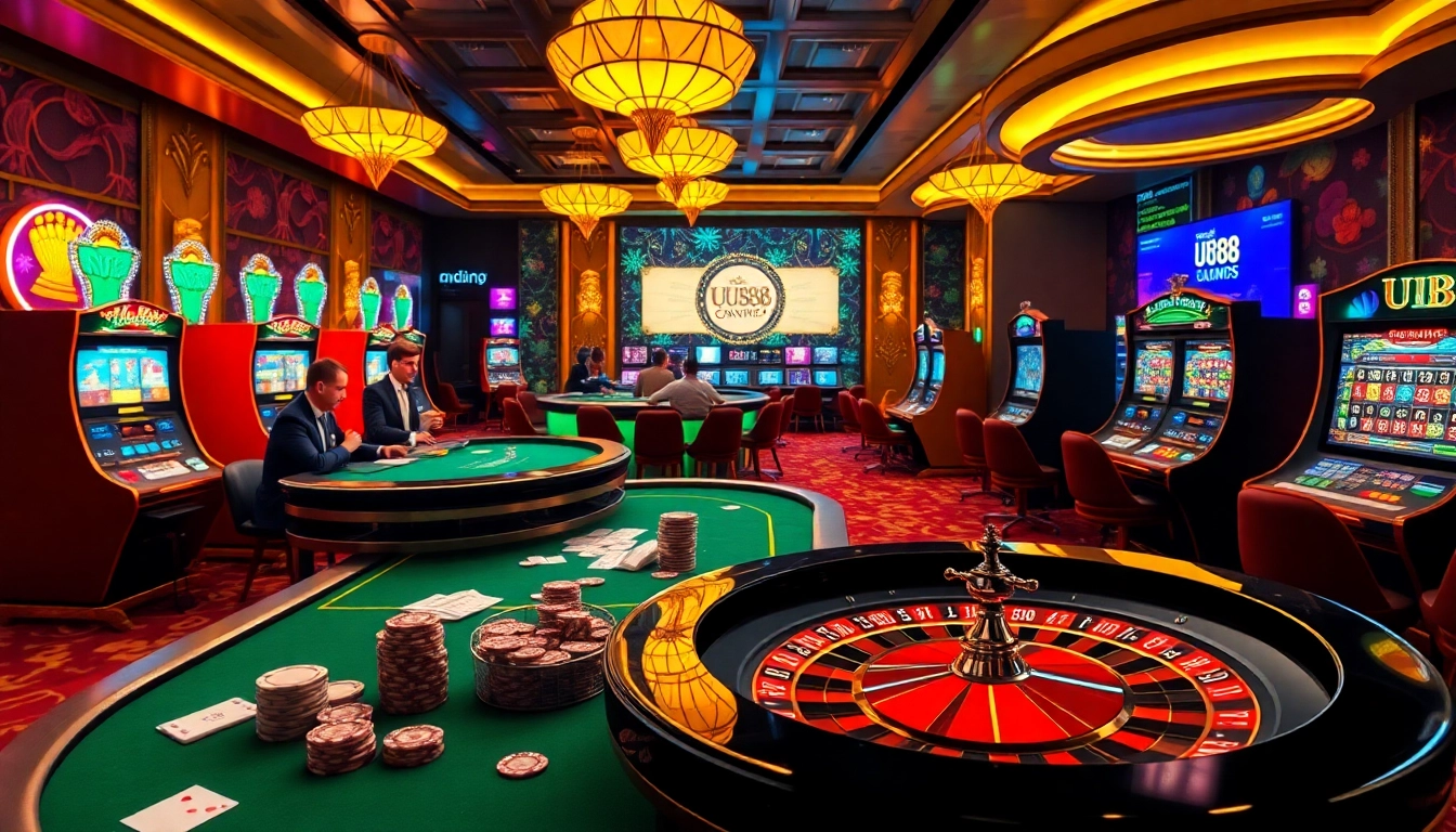 UU88 players engaging at a dynamic casino scene filled with poker chips, cards, and lively online interfaces.