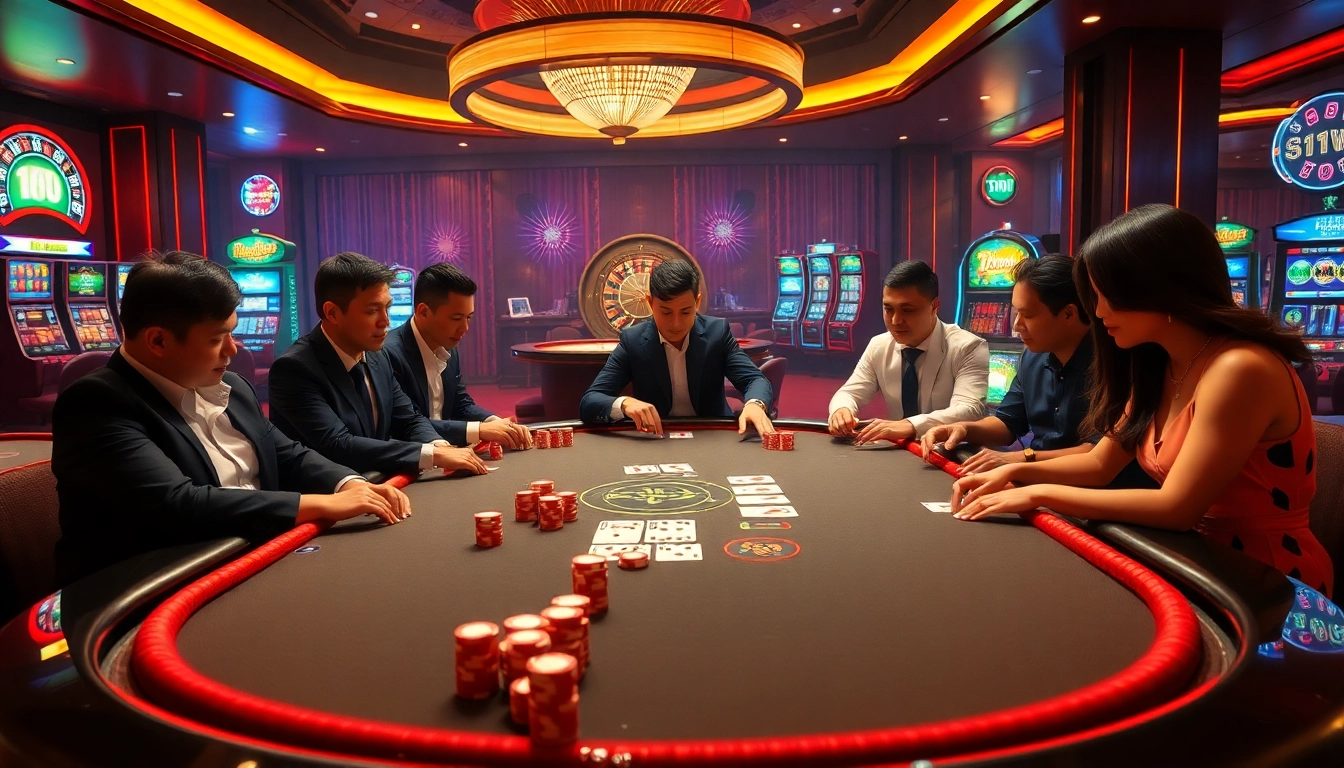 Exciting gambling scene at Nhà cái 11win featuring poker and roulette tables with players.