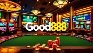 Action-packed gaming scene at nhà cái Good88 with poker tables, slot machines, and vibrant casino elements.