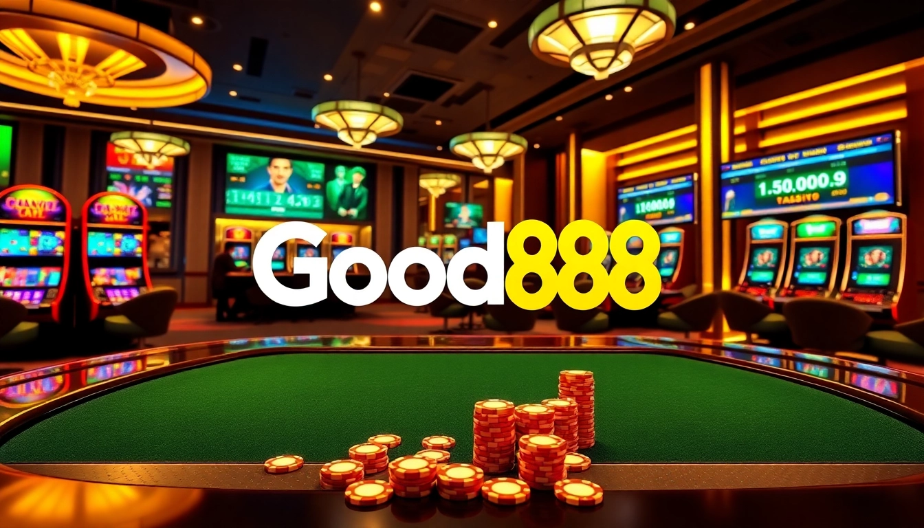 Action-packed gaming scene at nhà cái Good88 with poker tables, slot machines, and vibrant casino elements.