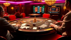 Engaging scene of nhà cái BK8 showcasing online betting with casino tables and players.