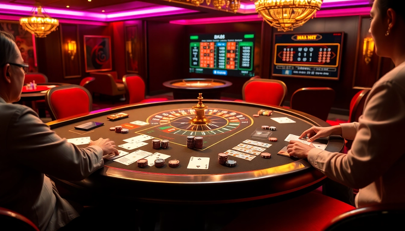 Engaging scene of nhà cái BK8 showcasing online betting with casino tables and players.