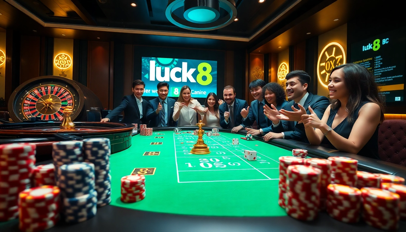 Luck8 casino scene featuring enthusiastic players at a vibrant poker table with colorful chips.