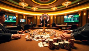 ZB368 online gambling scene with poker chips and digital screens showcasing excitement.