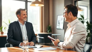 Headhunter Gastronomie im Gespräch mit einem Kunden in einem modernen Büro, kompetent und einladend.
