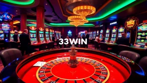 Experience 33WIN thrills at a glamorous casino table with vibrant chips and cards.