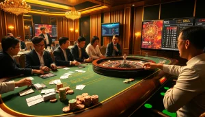 Professional gamblers enjoying a game at Nhà cái 99ok's luxurious casino table, showcasing vibrant chips and cards.