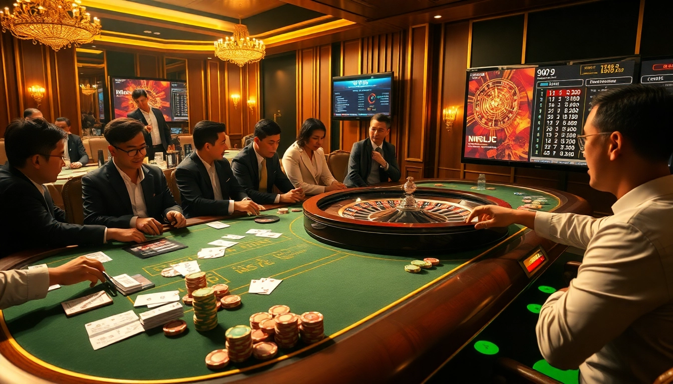 Professional gamblers enjoying a game at Nhà cái 99ok's luxurious casino table, showcasing vibrant chips and cards.