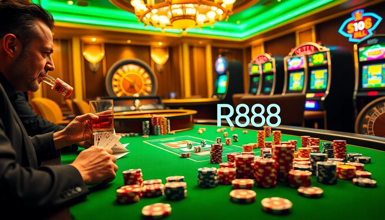 Experience the thrill of rr88 with an exciting casino scene featuring vibrant tables and roulette.