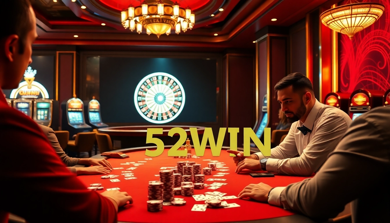 A high-stakes game of cards featuring 52WIN in an upscale casino atmosphere.
