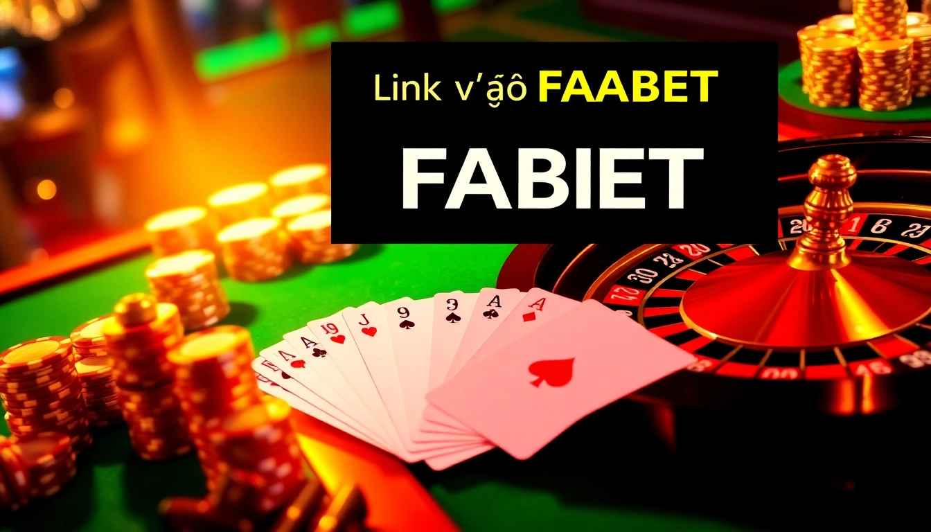 Link vào FABET showcasing an exciting online gambling environment with roulette and poker elements.