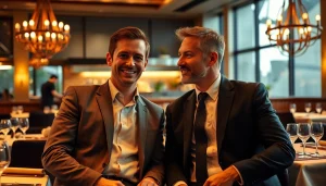 Headhunter Gastronomie in einem Gespräch mit einem Gast in einem eleganten Restaurant-Ambiente, um Vertrauen aufzubauen.