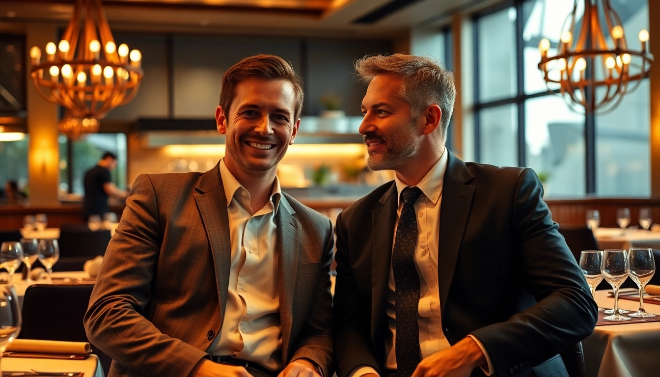 Headhunter Gastronomie in einem Gespräch mit einem Gast in einem eleganten Restaurant-Ambiente, um Vertrauen aufzubauen.
