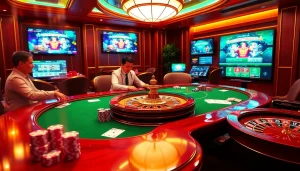 Experience the excitement of online gambling with nhà cái OK365 at a vibrant casino table.