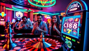 C168 online gambling platform featuring vibrant roulette and poker elements for an exciting gaming experience.