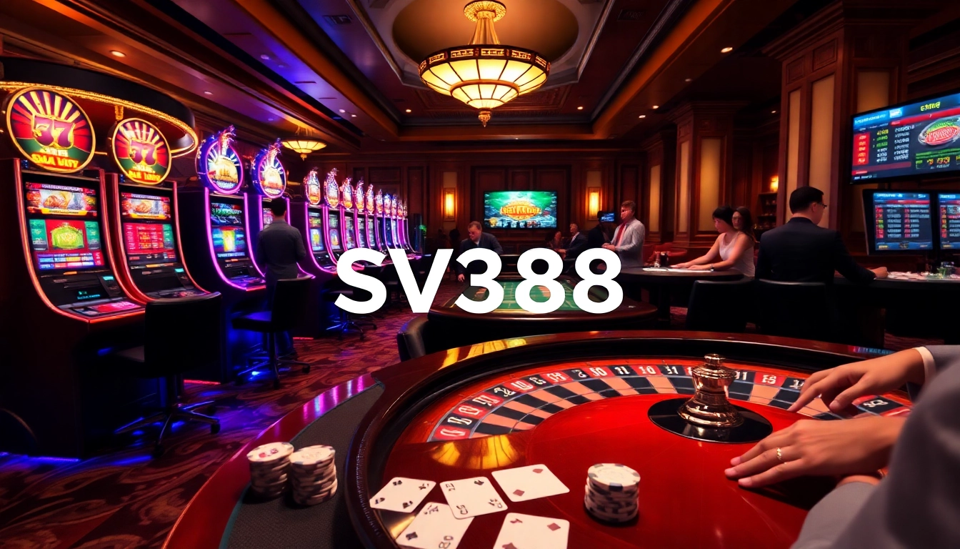 Gamblers enjoying a thrilling moment at SV388 casino with vibrant slots and betting tables.
