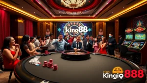 Capture the thrill at Nhà cái King88 with a luxurious casino setting filled with poker tables and engaging players.