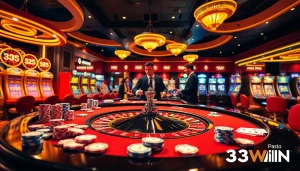 Experience thrilling moments at 33WIN casino with vibrant roulette and lively dealers.